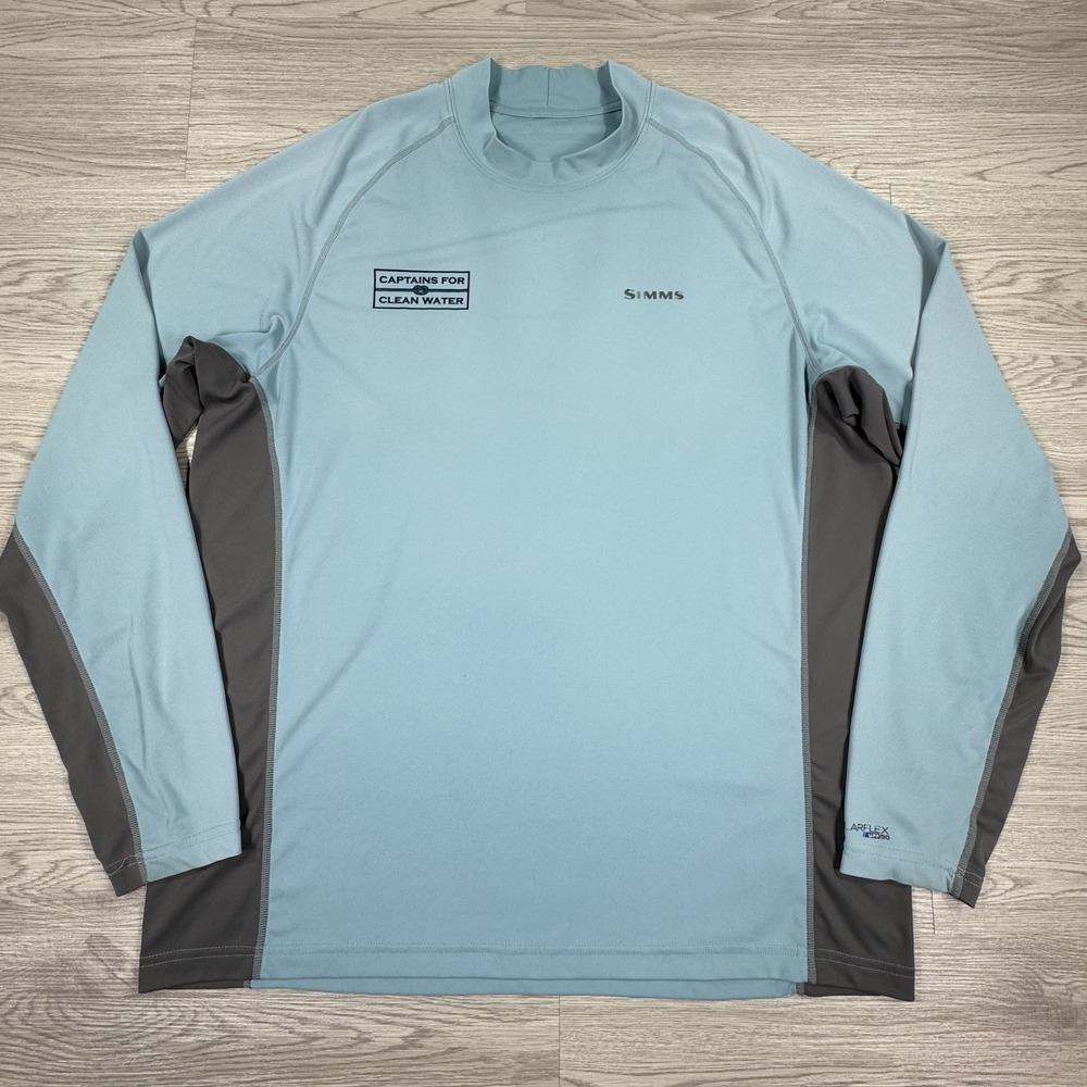 Simms Mens Fishing Shirt SolarFlex Captains For Clean Water Blue Large UPF 50
